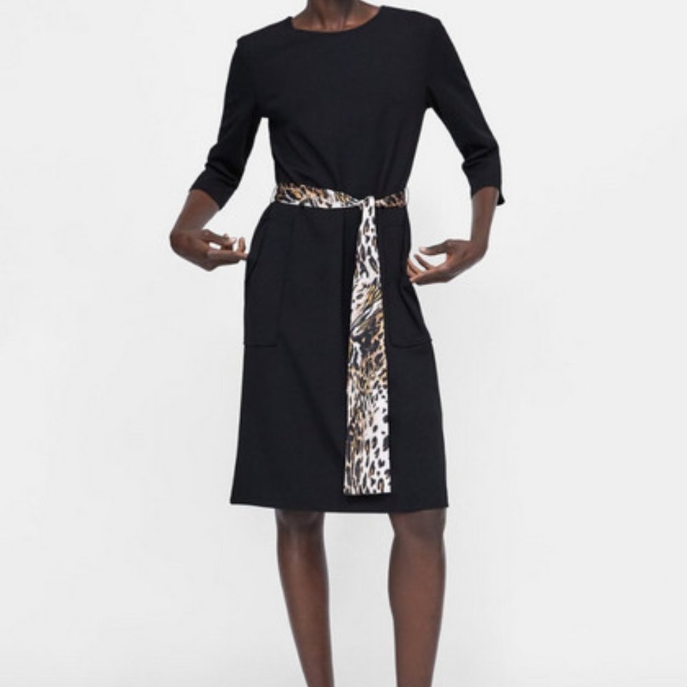 Zara Black Dress w/ Animal Print Belt (M)